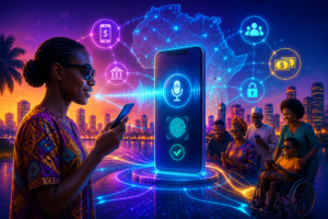 Illustration représentant l'accessibilité du mobile money pour les personnes handicapées en Afrique grâce aux technologies vocales, biométriques et aux services financiers numériques inclusifs.