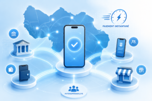 Illustration représentant le paiement instantané dans l'UEMOA grâce à la plateforme PI-SPI de la BCEAO reliant banques, fintechs et services de mobile money.