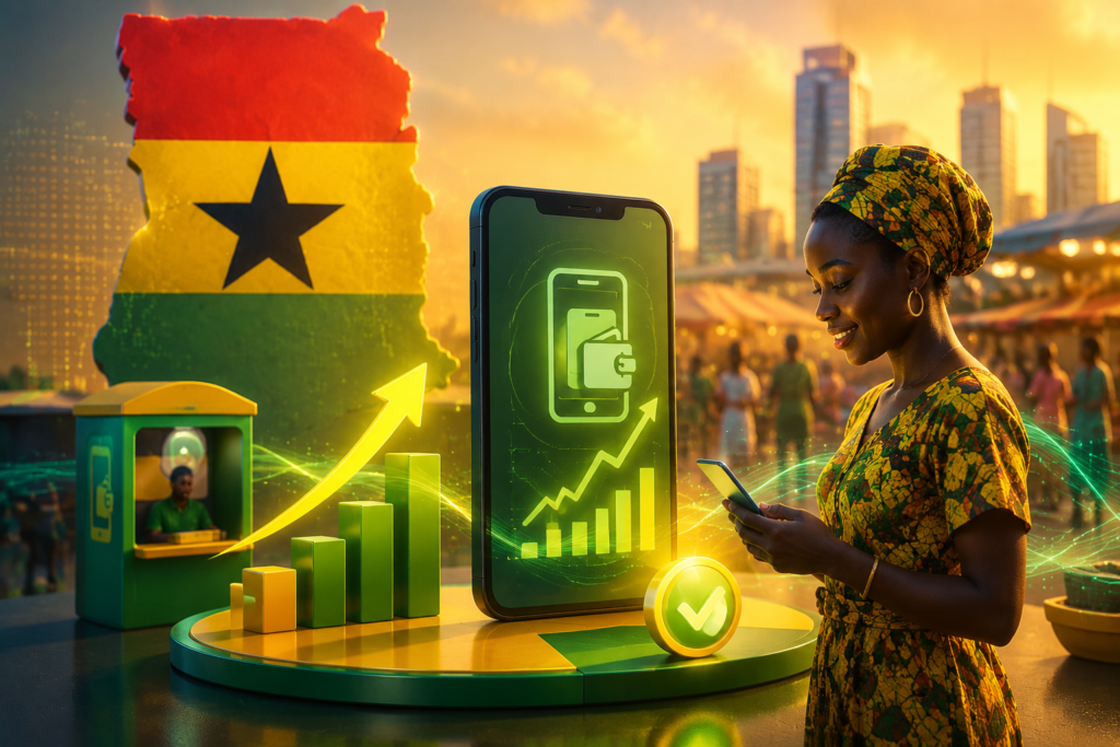 Illustration représentant la reprise du mobile money au Ghana après la suppression de l'E-Levy.