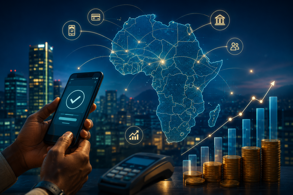 Fintech africaine illustrant les paiements numériques, le mobile money et la croissance de l'économie numérique en Afrique.