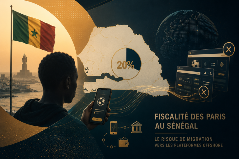 Illustration représentant les paris sportifs au Sénégal, les paiements numériques et le risque de migration vers des plateformes offshore dans un contexte de fiscalité renforcée.