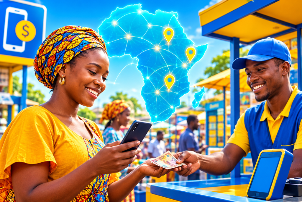 Illustration d'un réseau d'agents mobile money en Afrique montrant un paiement numérique entre une cliente et un agent fintech devant un kiosque connecté.