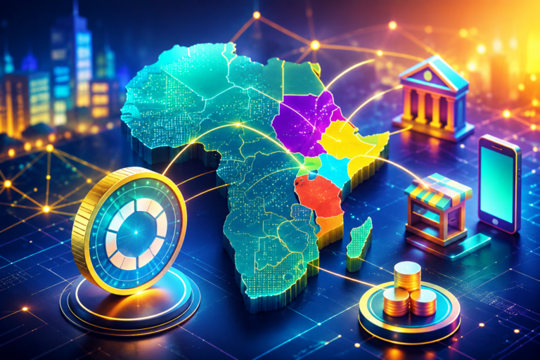 Illustration représentant les stablecoins en Afrique de l'Est avec des réseaux de paiement numérique reliant le Kenya, la Tanzanie, l'Ouganda et le Rwanda.