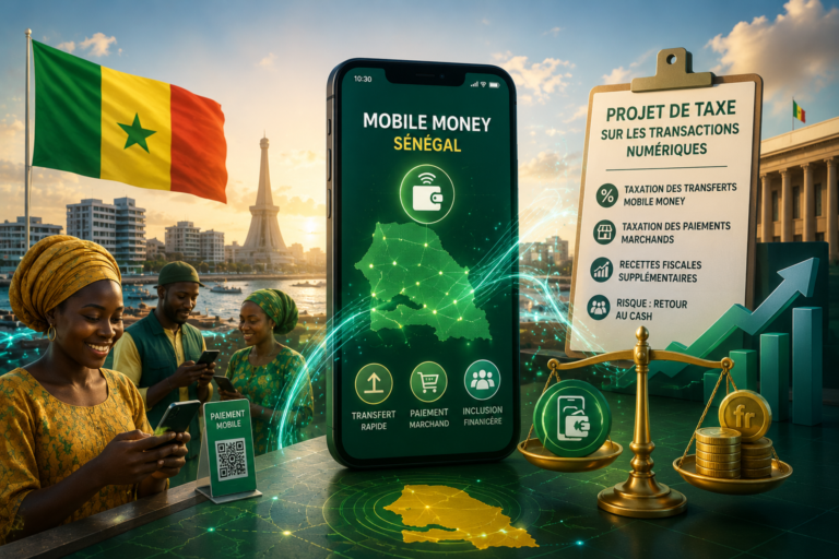 Illustration représentant le développement du mobile money au Sénégal face au projet de taxe sur les paiements numériques.