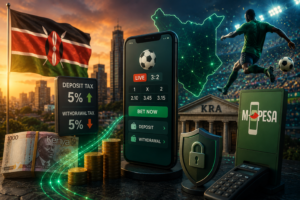 Illustration représentant les paiements mobiles, les paris sportifs et la fiscalité au Kenya dans un environnement fintech moderne.