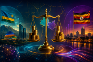 Illustration représentant la fiscalité des jeux d'argent au Rwanda et en Ouganda avec une balance symbolisant l'équilibre entre taxation, régulation et développement de l'écosystème fintech.