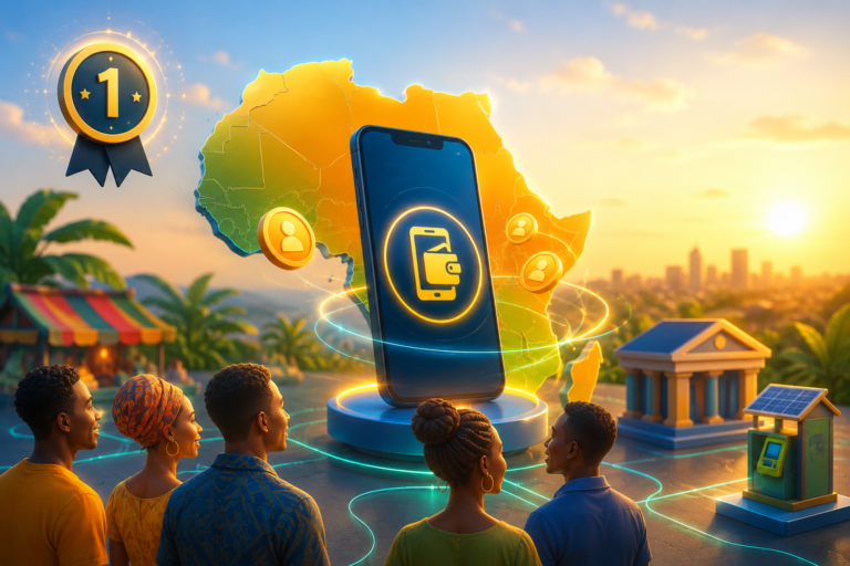 Illustration représentant les taxes sur le mobile money en Afrique avec un smartphone connecté, une carte de l'Afrique et des services financiers numériques, premier épisode d'une série Afriqash.