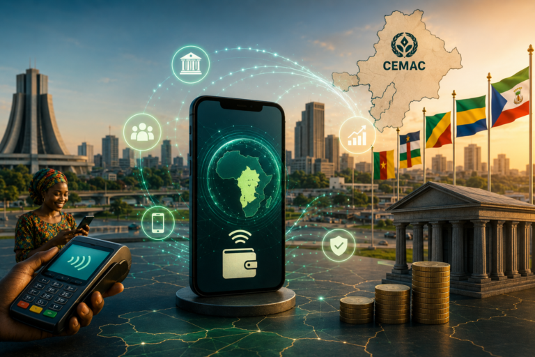 Illustration représentant les paiements numériques en Afrique centrale et les débats autour des taxes sur le mobile money dans la CEMAC.