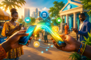 Illustration de l'interopérabilité entre mobile money et banques en Afrique de l'Ouest avec des paiements numériques instantanés.