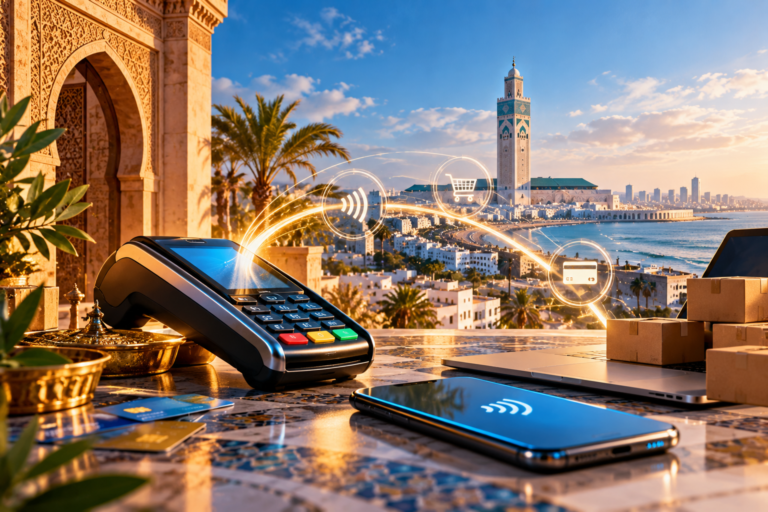 Paiements électroniques au Maroc : terminal de paiement, smartphone sans contact et commerce en ligne devant un paysage de Casablanca